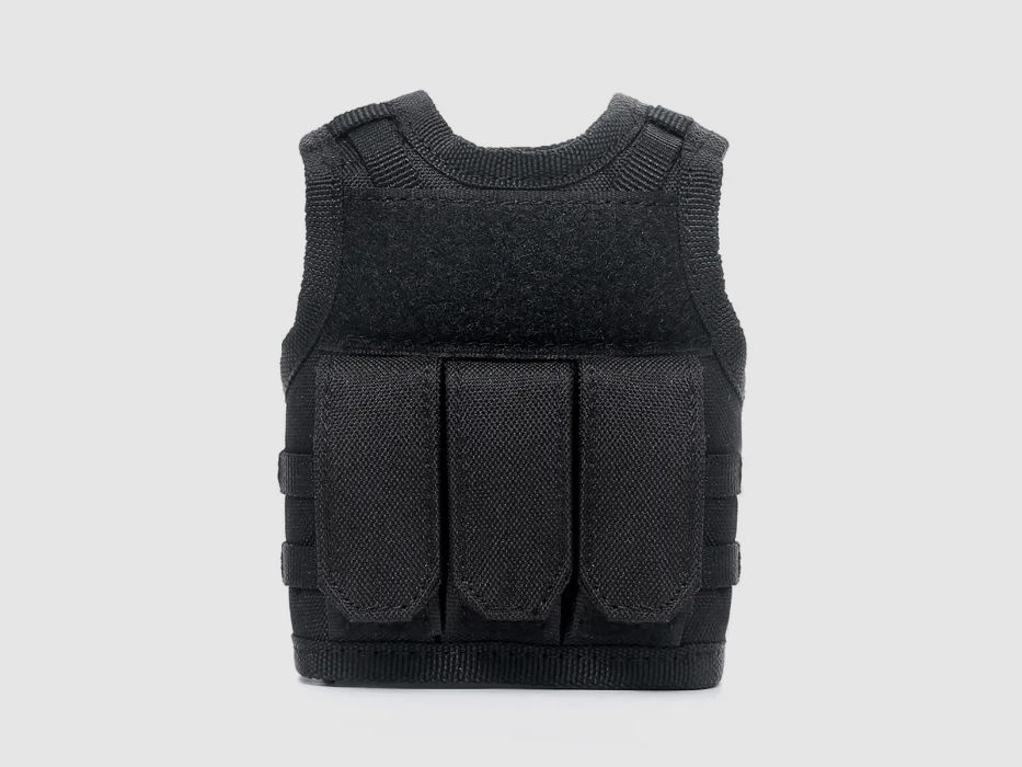 Mini tactical vest with front pockets for beer bottle / wine bottle / thermos bottle - black