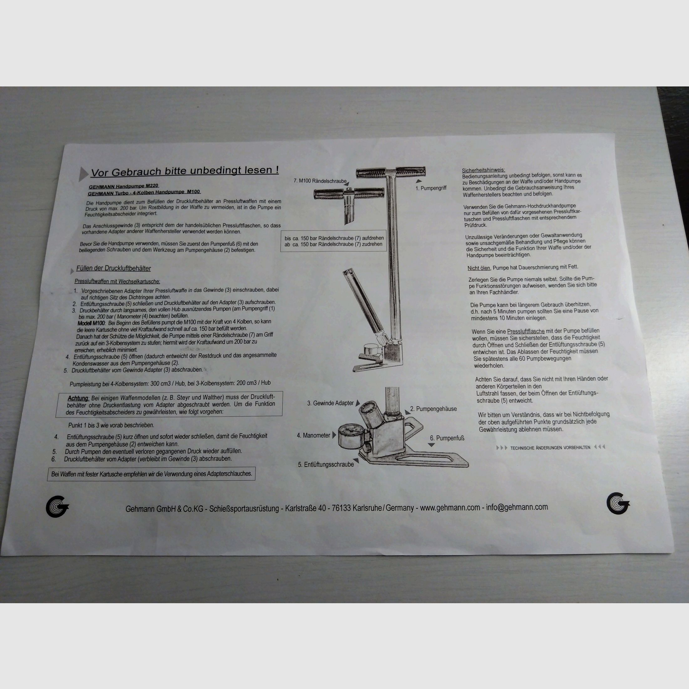 Gehmann Pressluftpumpe M220 Handpumpe mit Manometer max. 300 bar 3-Kolben System