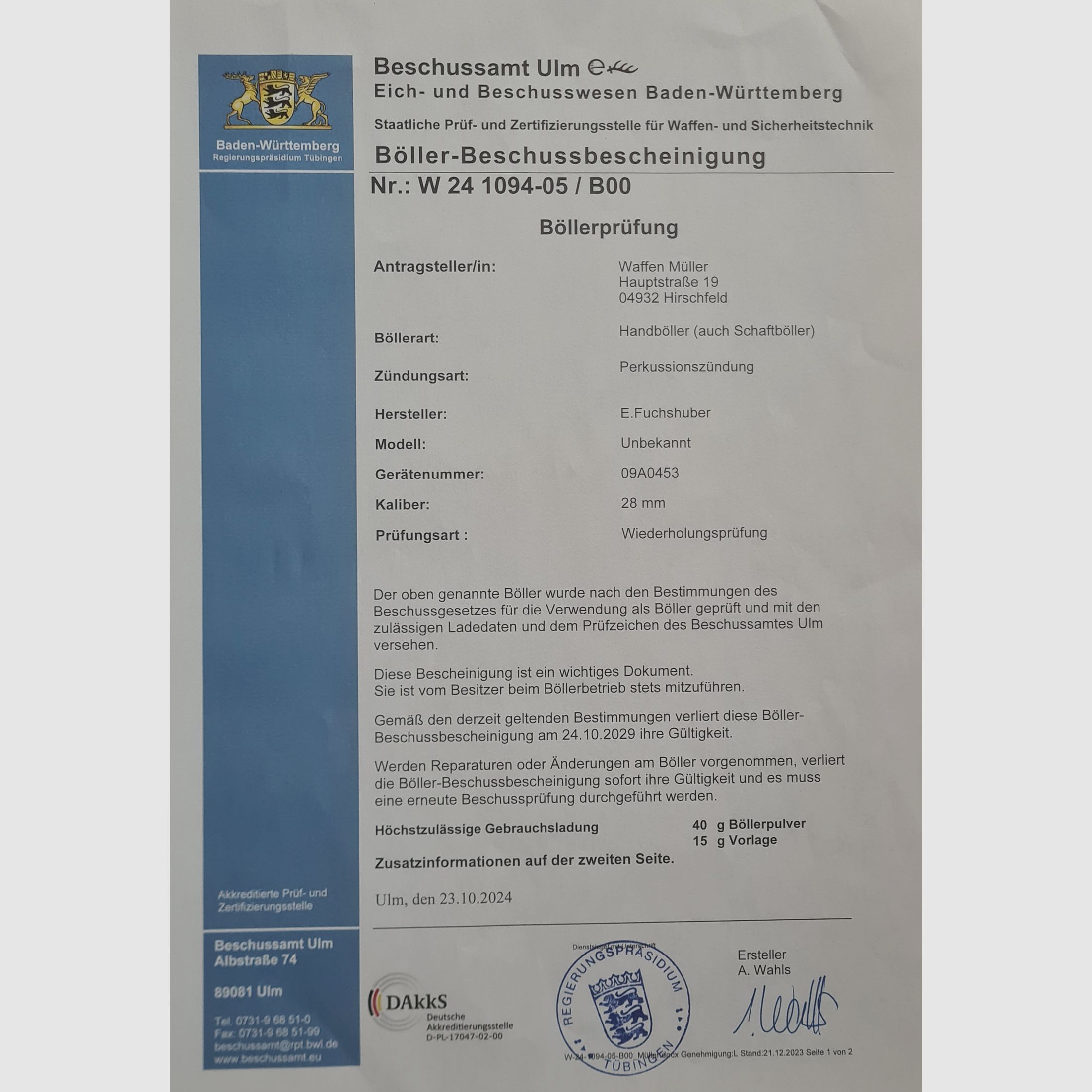 Schaftböller mit 28er Bohrung  für 40g Sch.P. mit Extras kein Stangassinger