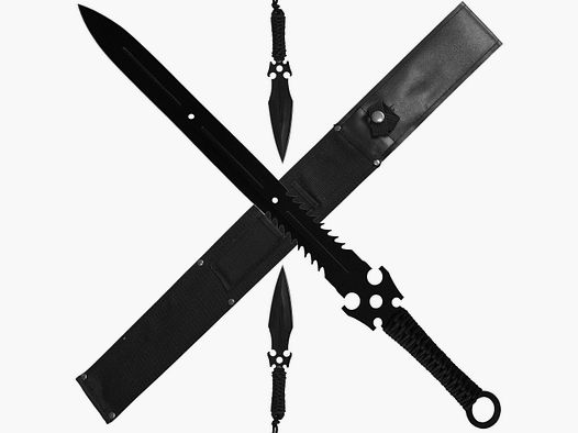 Schwert mit Rückenhalterung u. 2 Wurf-Dolchen / Wurfmesser