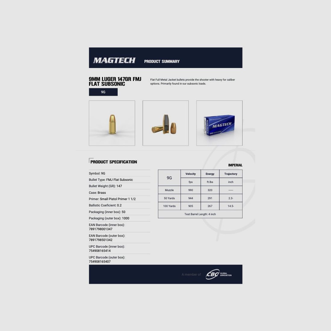 Magtech 144805 9 mm Luger Vollmantel Subsonic 9,52g 147grs. Pistolenmunition