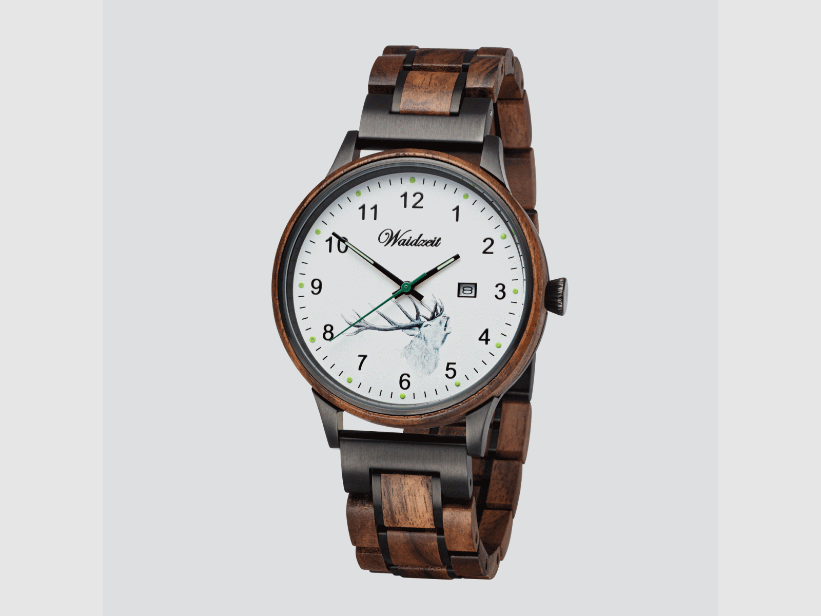 Herrenjagduhr Hubertus Hirsch mit Lodenarmband Olivgrün