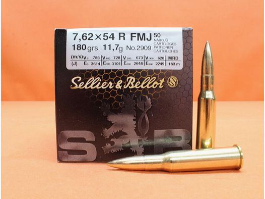 S&B Sellier & Bellot Patrone 7,62x54R S&B/ Sellier&Bellot 180grs FMJ (2909/2) VE 50 Patronen/ 11,7g Vollmantel