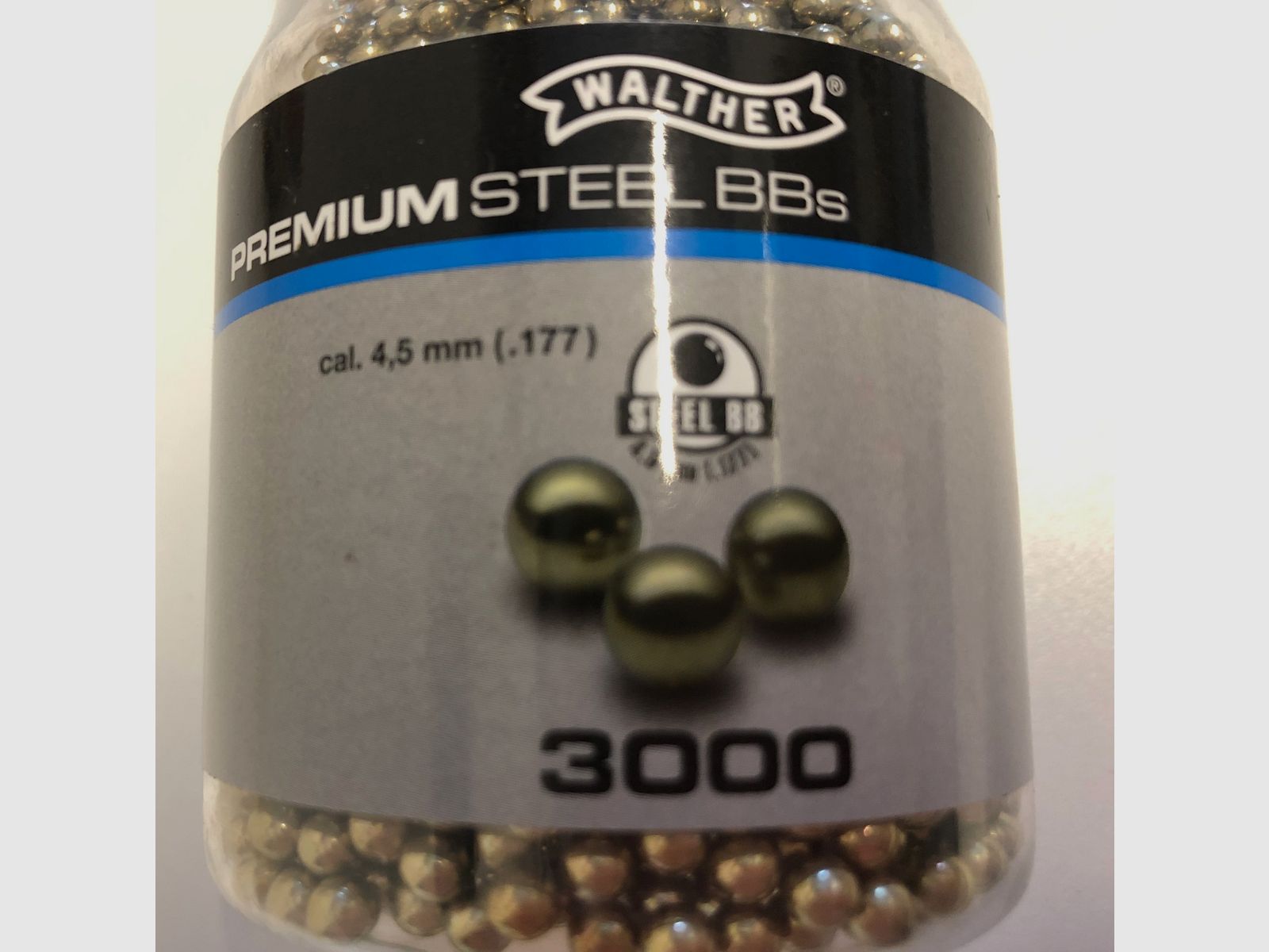 Walther Premium Steel BBs. cal. 4, 5 mm, Umarex, Luftdruck, angefangene Flasche, noch gut gefüllt, gold