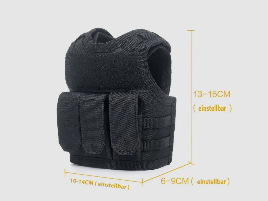 Mini tactical vest with front pockets for beer bottle / wine bottle / thermos bottle - black