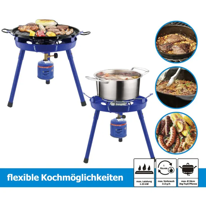 Camping Gasgrill 3in1 - kompatibel mit Schraubventilkartuschen + Gasflasche