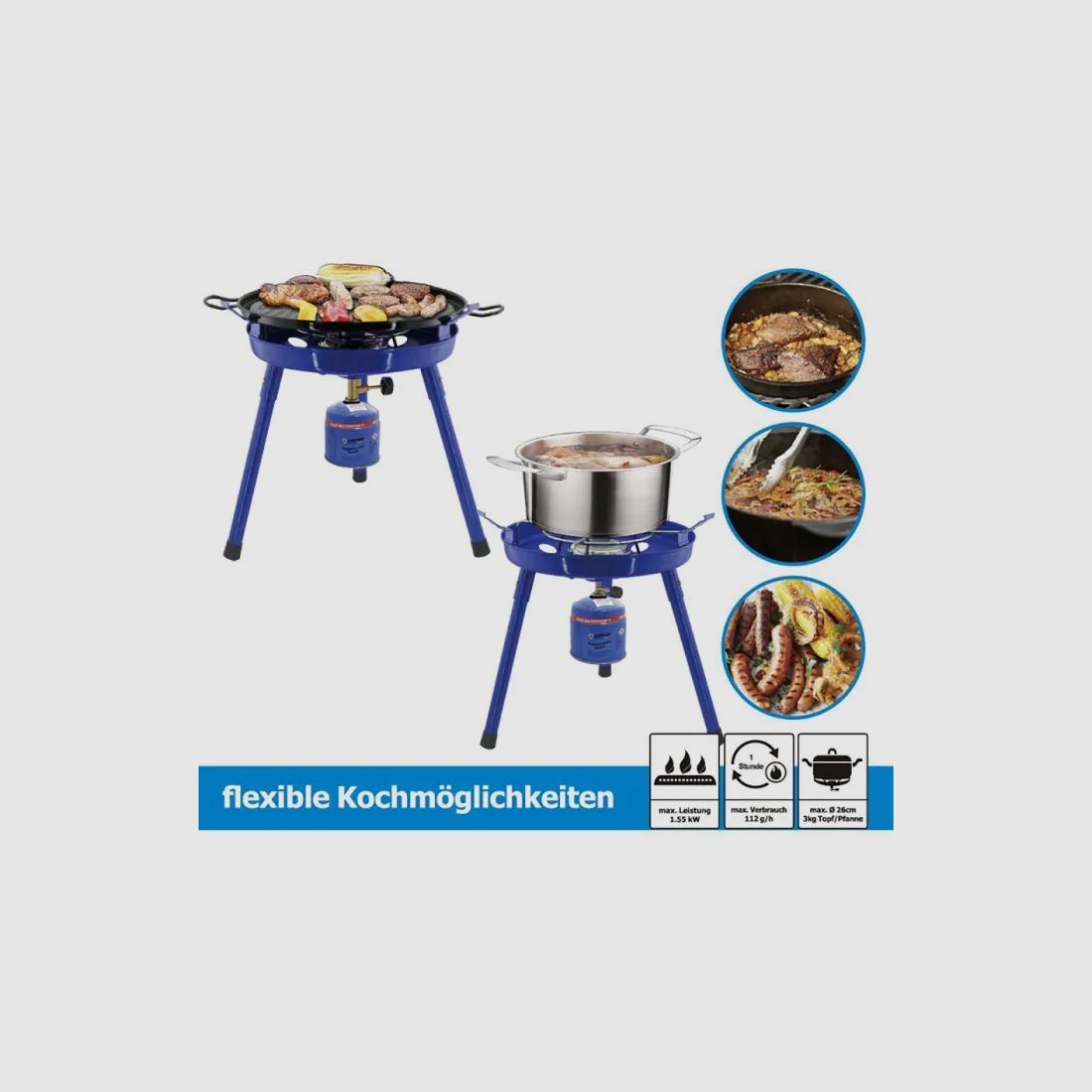 Camping Gasgrill 3in1 - kompatibel mit Schraubventilkartuschen + Gasflasche