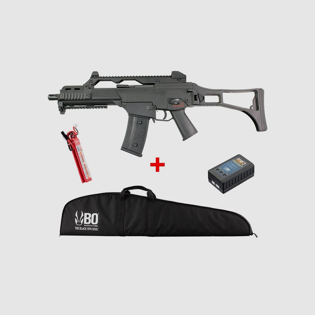 Pack AEG G36 1J Zwart + Lipo-batterij + Oplader + Futteral