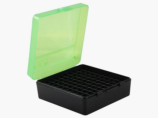 Boîte à cartouches MTM P-100-3-16T verte/noire avec couvercle rabattable pour 100 cartouches .38/.357 et autres.