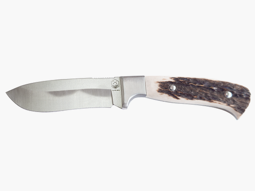 Hunting knife with drop point blade and stag horn handle