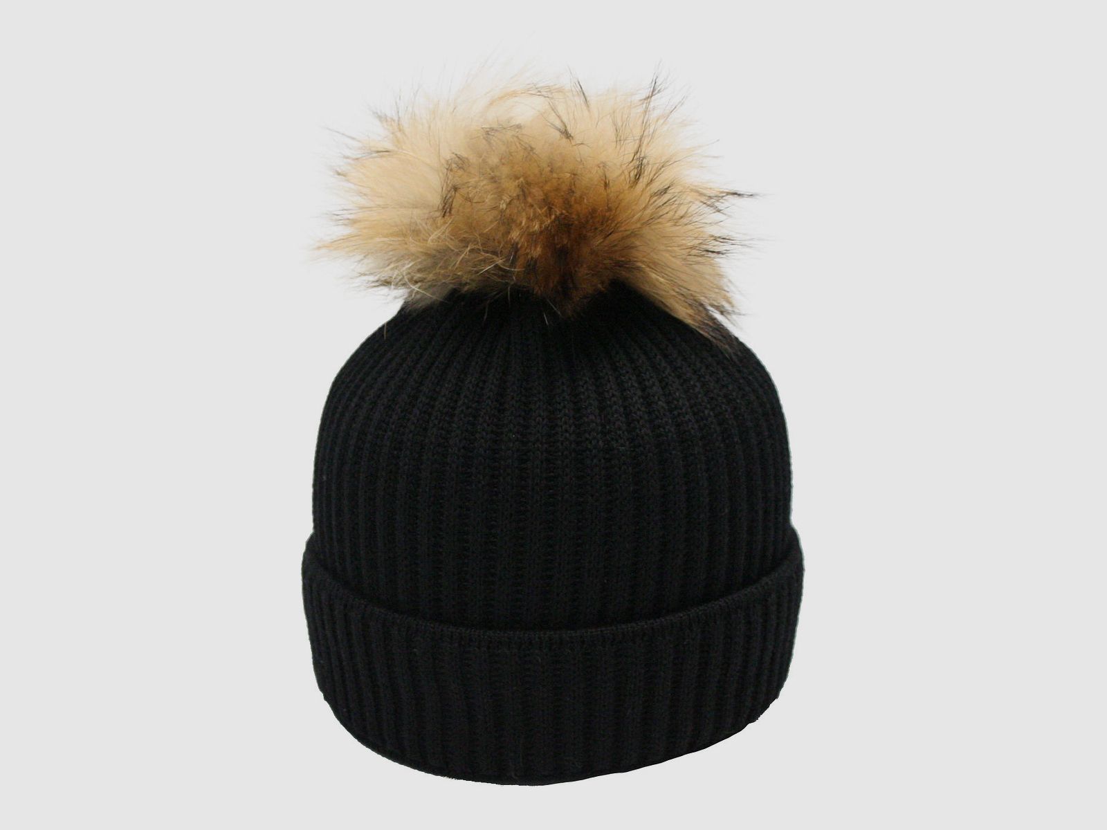 Cappello in maglia Merino con pompon in pelliccia vera e motivo a coste