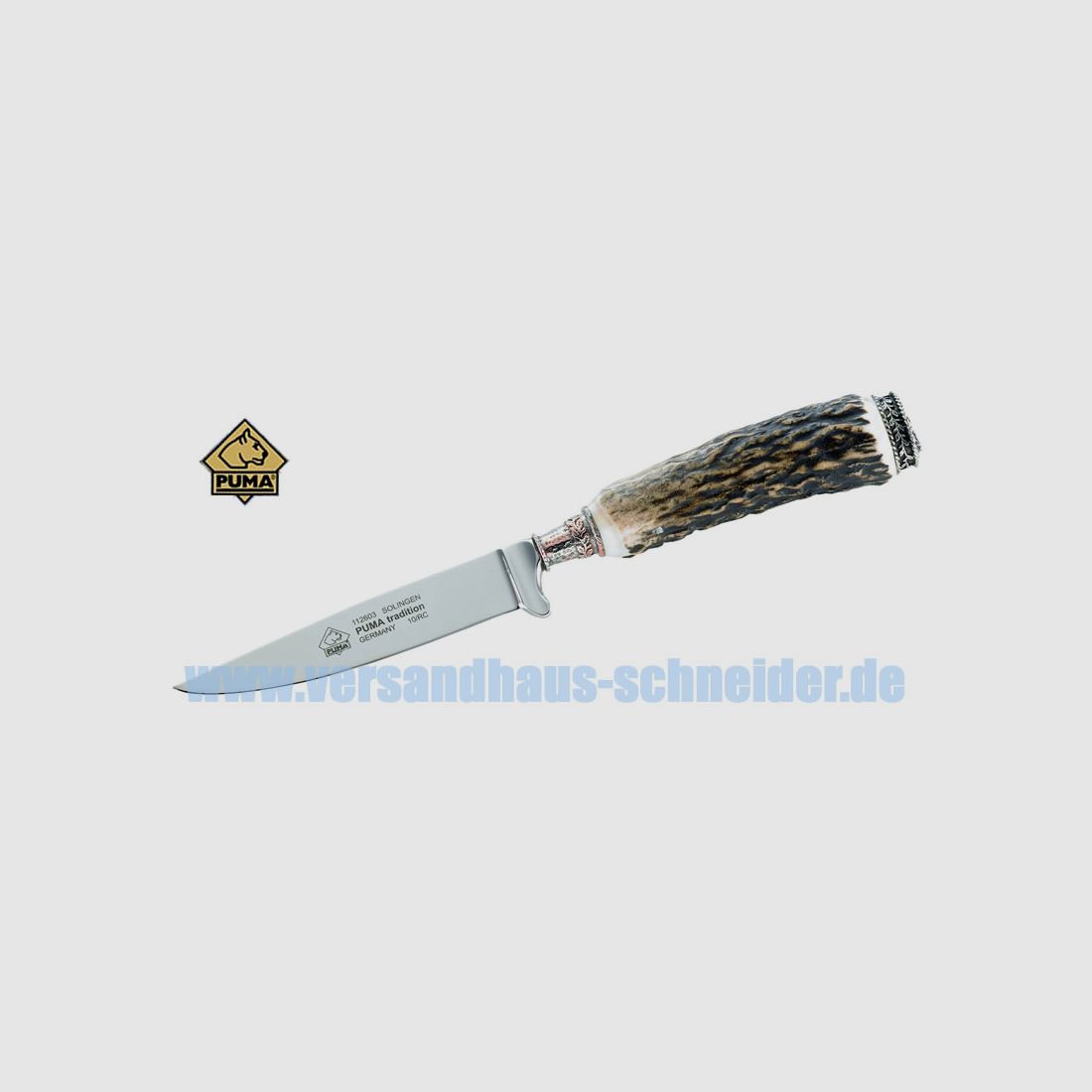 Puma Jagdmesser, Modell Tradition, Stahl 1.4116, Hirschhorn, Leder-Steckscheide