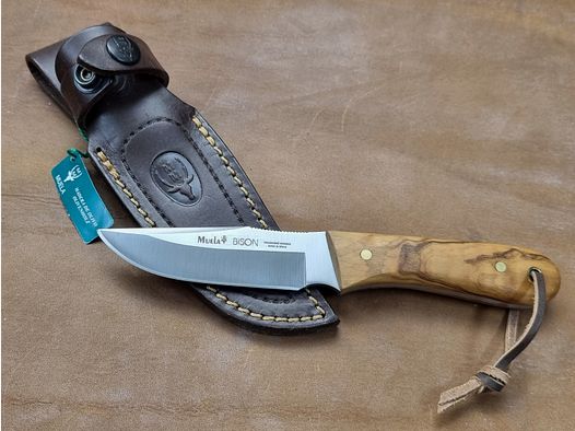 Muela pequeño cuchillo de caza Bison Olive con funda de cuero de alta calidad