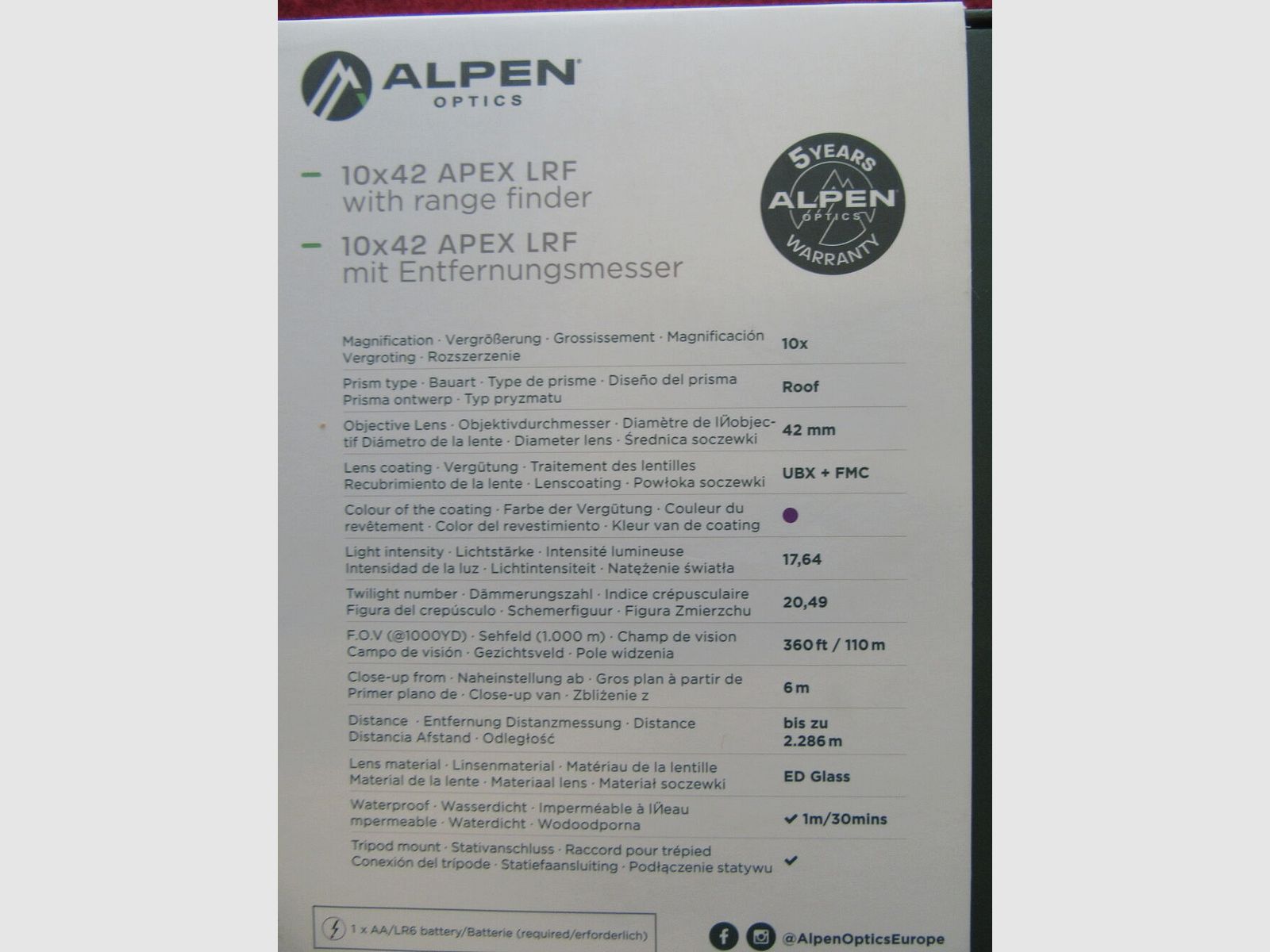 Alpen Optics 10x42 LRF