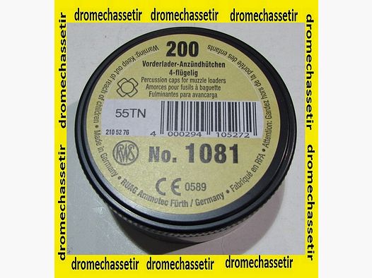 boite 200 amorces RWS poudre noire, 4 aillettes, 6,12mmde diametre, ref 1081