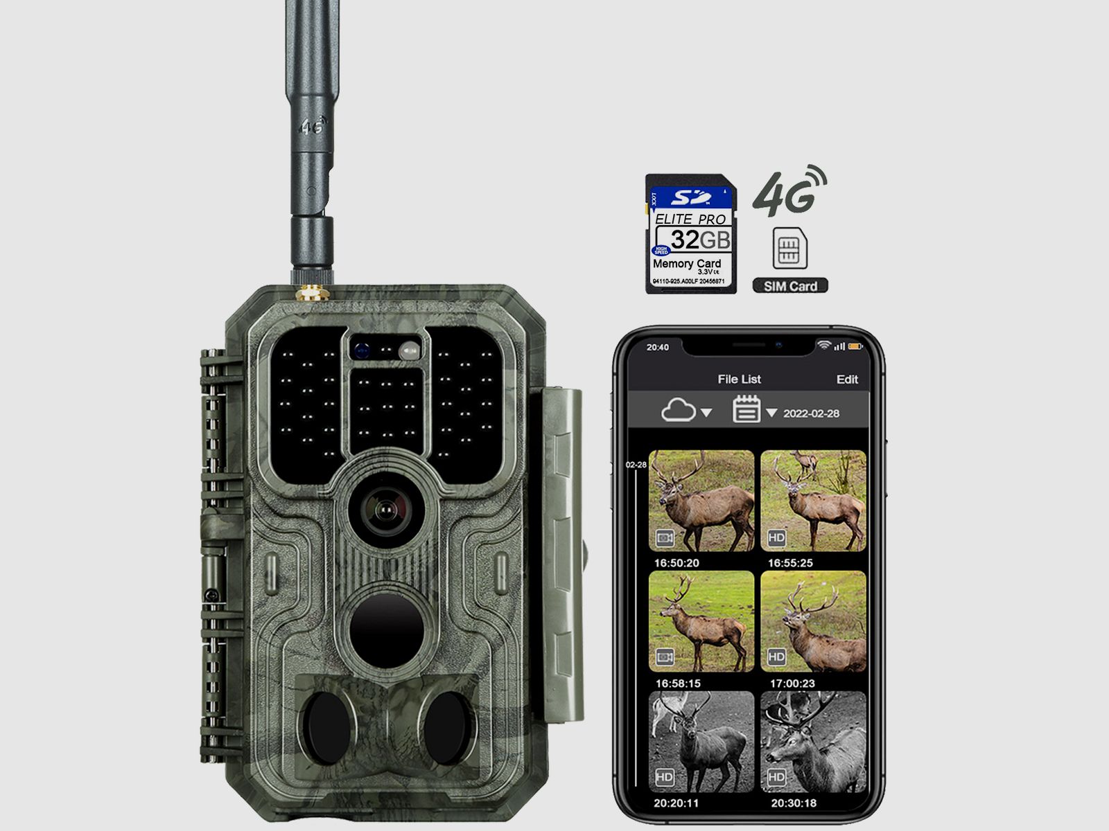 4G LTE Wildkamera Fotofalle Wildtierkamera mit SIM-Karte 120° Bewegungserkennung 48MP 1296P Nachtsicht IP66 wasserdicht und 32GB SD Karte A390G Green