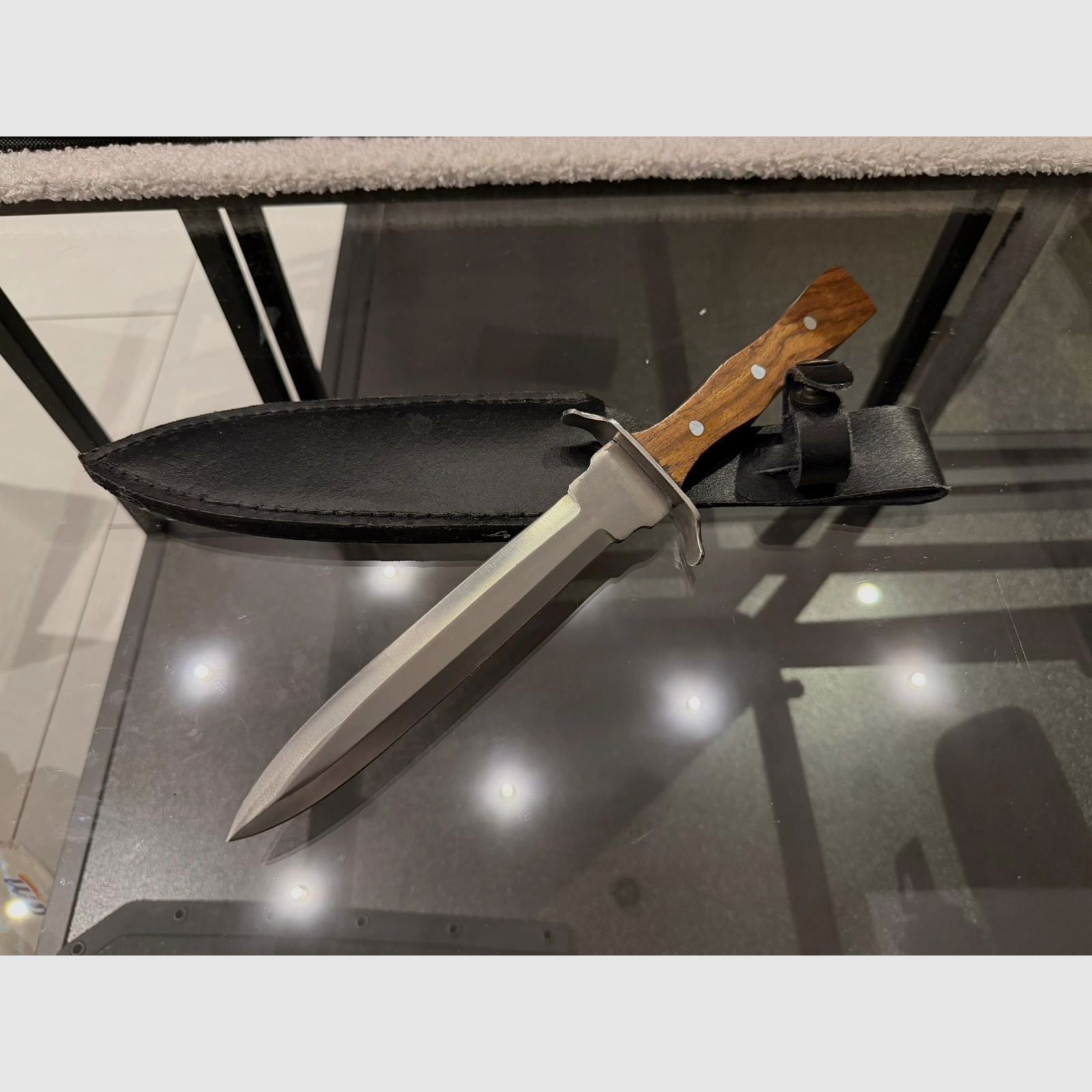 Large Bowie knife with wooden handle & leather sheath