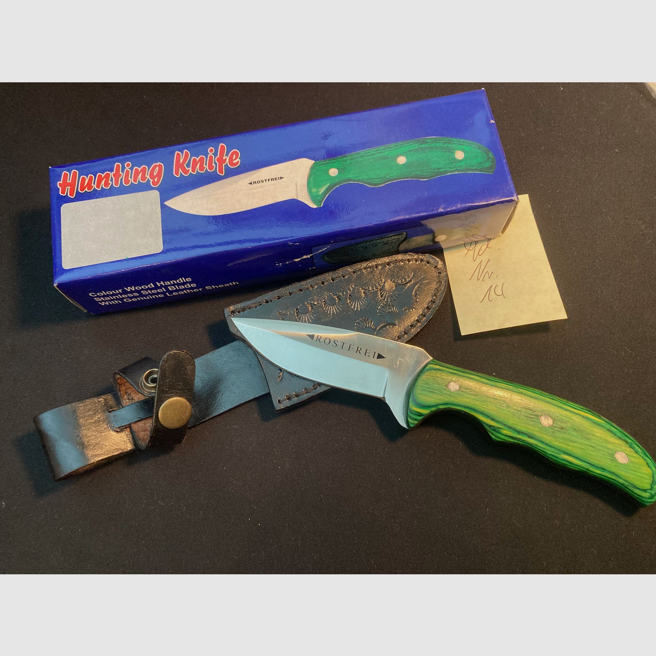 Jagdmesser, Gürtelmesser, Klinge ca. 8cm, Gesamt 21cm, Lederscheide schwarz, Neu + OVP