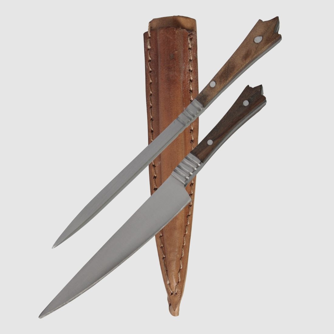 Mittelalter Besteck Set Messer + Pfriem Holz-Griff Lederscheide