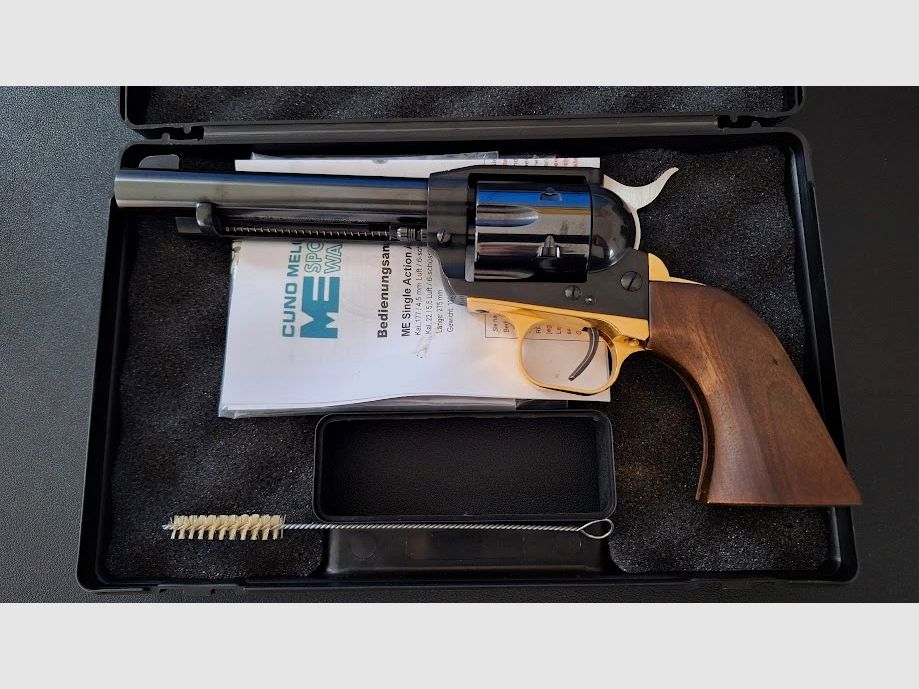 ME Single Action Army LEP Revolver 5,5 mm mit entnehmbarer Trommel, vergoldeter Abzugsbügel und vergoldeter Griffrücken