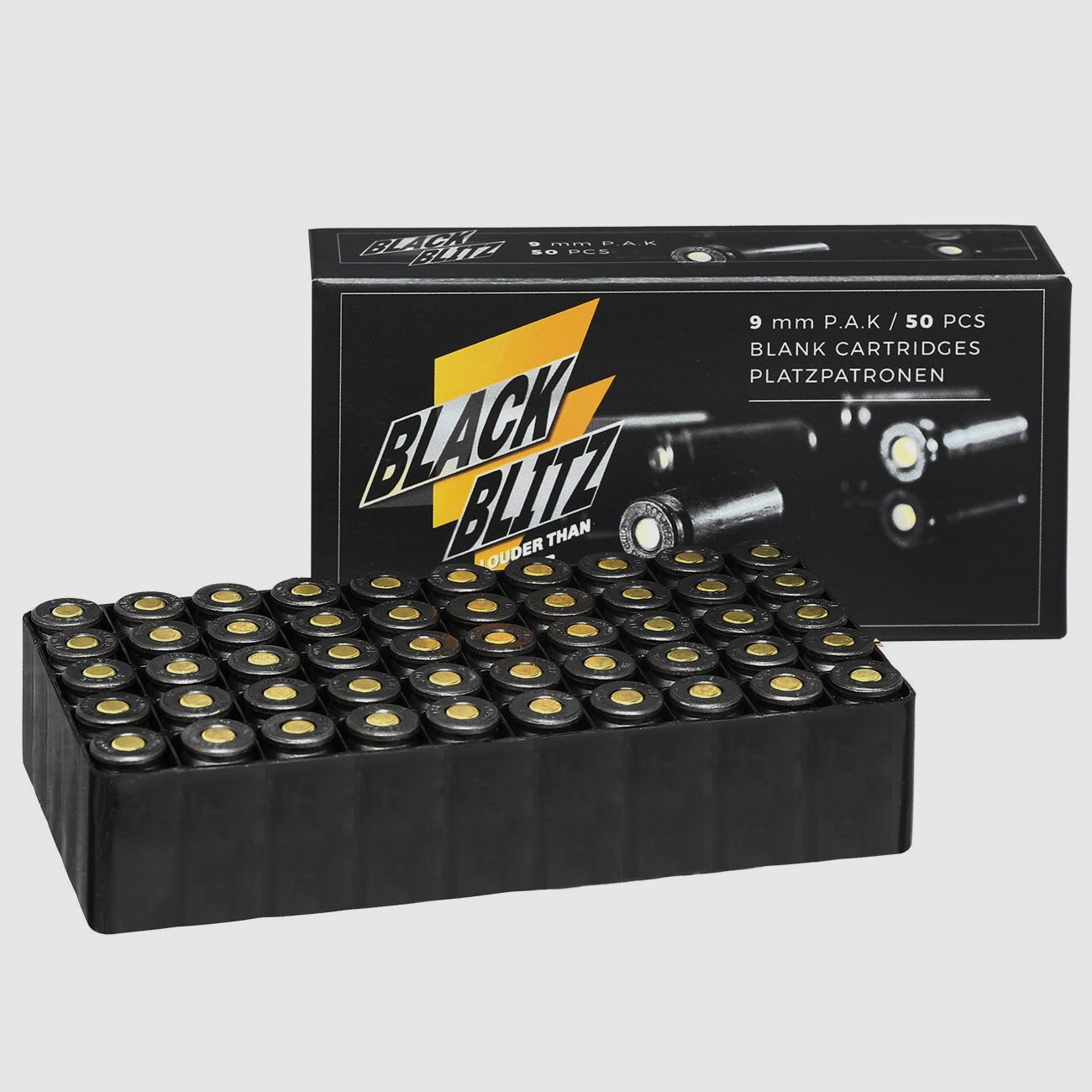 Pobjeda Black Blitz blank cartridges 9mm P.A.K. black brass casing