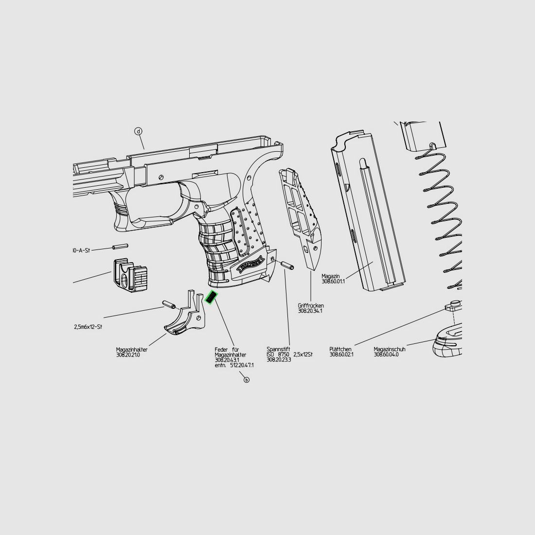 Feder fĂĽr Magazinhalter fĂĽr Schreckschuss-, Gas-, Signalpistole Walther P 22, Ersatzteil