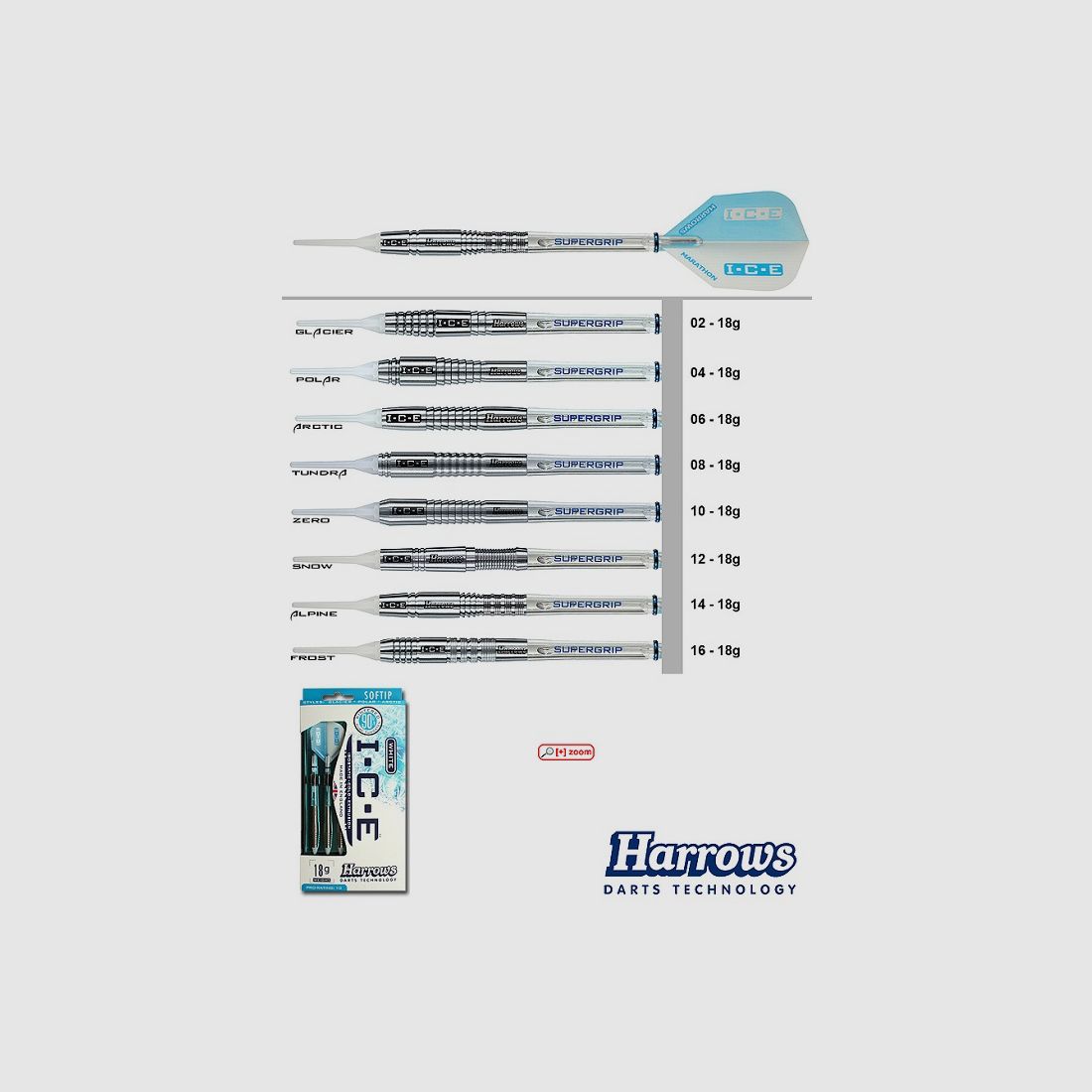 Harrows Darts Technology Ice 90% GArctic 18g Dart y accesorios