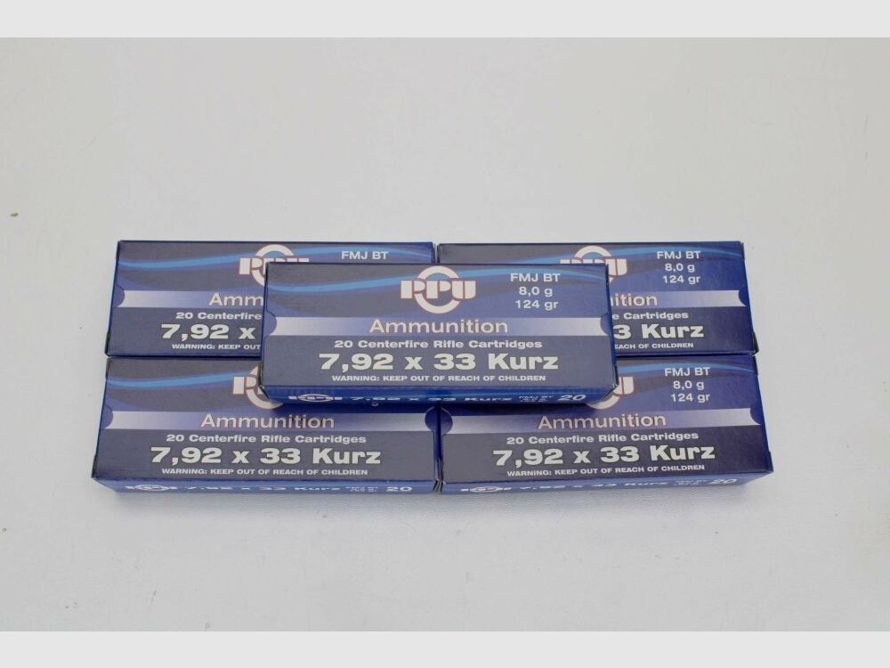 100 shots PPU 7.92x33 short with 8 grams 124 grs. FMJ BT 5x20 pack