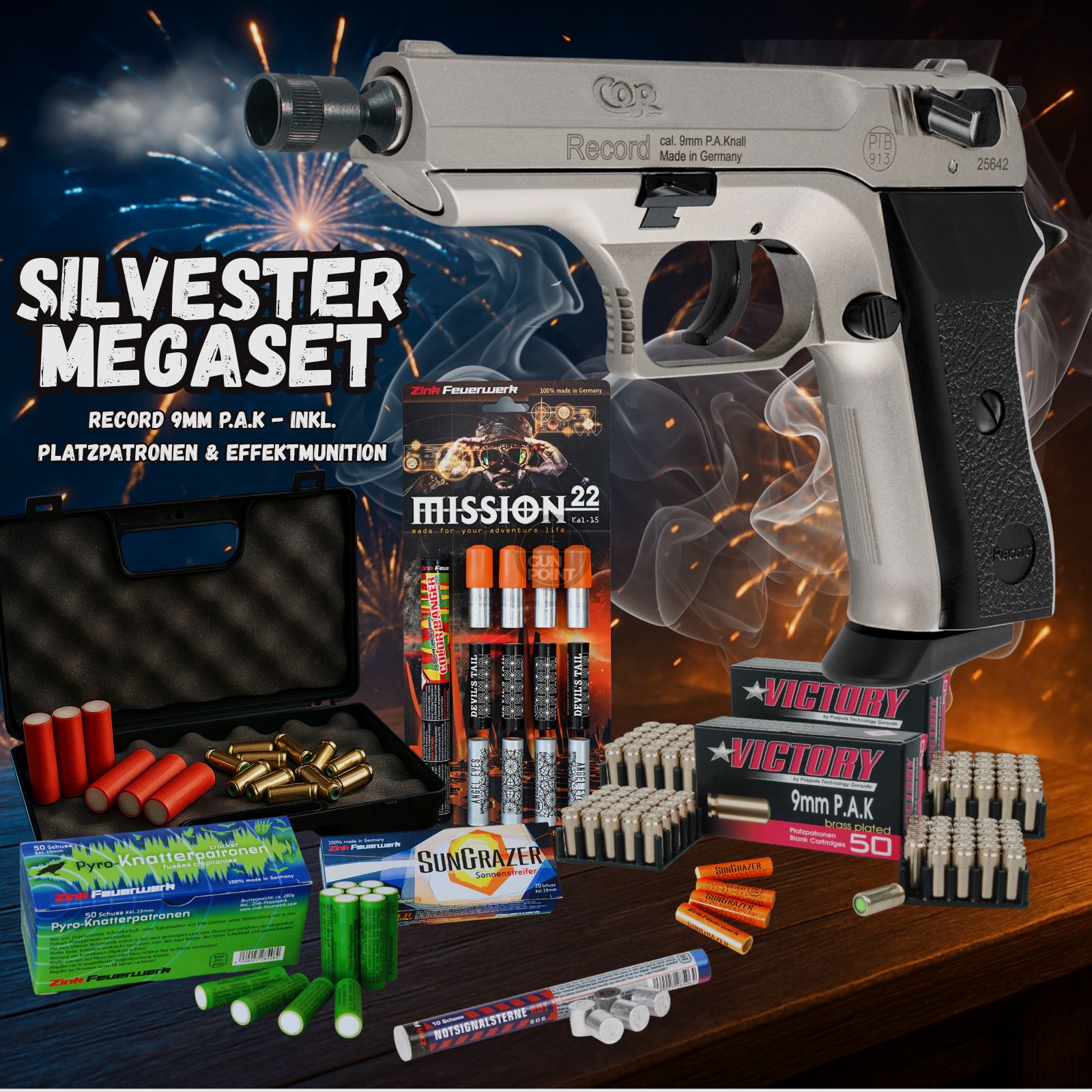 SILVESTER MEGASET !!! Schreckschuss - Pistole - RECORD Modell COP VN. - 9 mm P.A.K. inkl. Koffer, 100 Platzpatronen & 102 Schuss Effektmunition