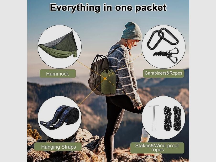 UPhitnis Hängematte Outdoor mit Moskitonetz 600lb Traglast Atmungsaktiv Ultraleicht Fallschirm Nylon Camping Reisehängematte