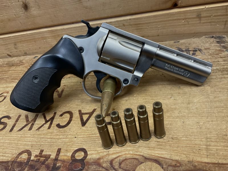 LEP Druckluft Revolver ME 38 Magnum Kal. 4,5mm, matt vernickelt mit Pumpe!!!