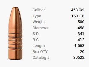 Barnes Geschoss .458/.458 500GR TSX HP FB 20 Stück