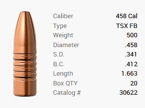 Barnes bullet .458/.458 500GR TSX HP FB 20 pieces