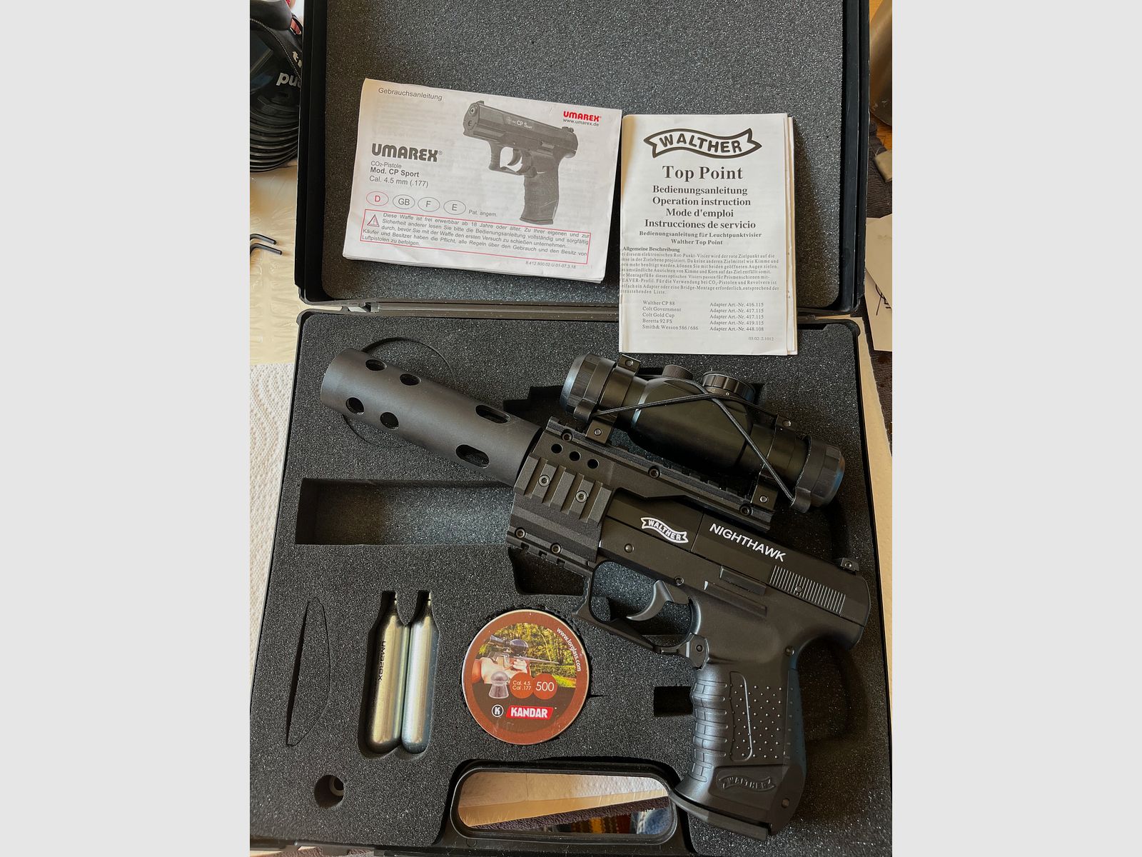 Walther Nighthawk Set, CO2, pistola ad aria, incl. ottica (reddot), compensatore & valigetta,