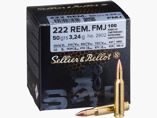 Sellier & Bellot cartucce per fucile .222 Rem. palla intera 3,2g/50grs. .222 Rem. palla intera 3,2g/50grs., Sellier & Bellot