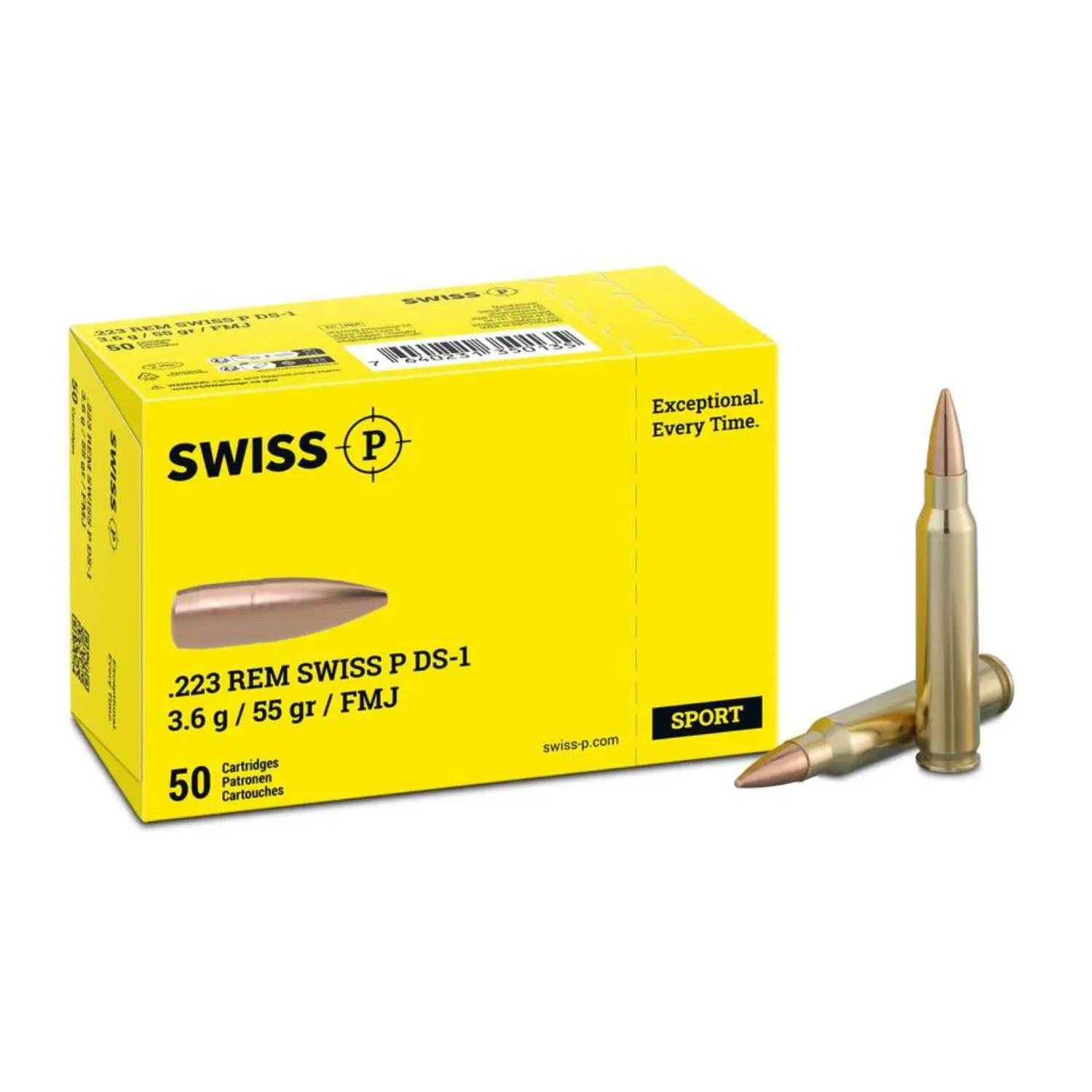Cartouches de fusil Swiss P .223 Rem. ogive pleine 55gr. DS-1
