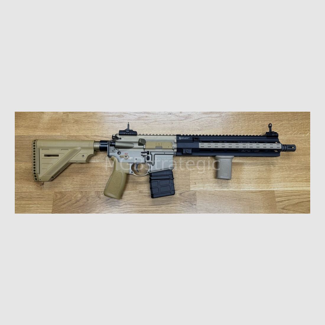 Heckler & Koch MR223 A3 Slim-Line 12.9" barrel - semi-automatic rifle .223Rem color sand / Ral8000 - system HK416 / Geissele MK15 HK416 handguard / muzzle thread now 1/2-28 UNEF / only 3.28 kg / barrel turned down & shortened / "Project Hunter"