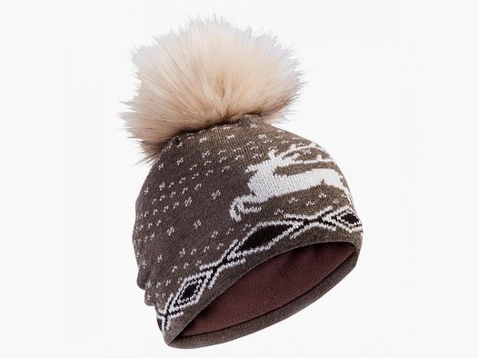 Wollmütze Damen, m. Bommel (Braun/Weiß)