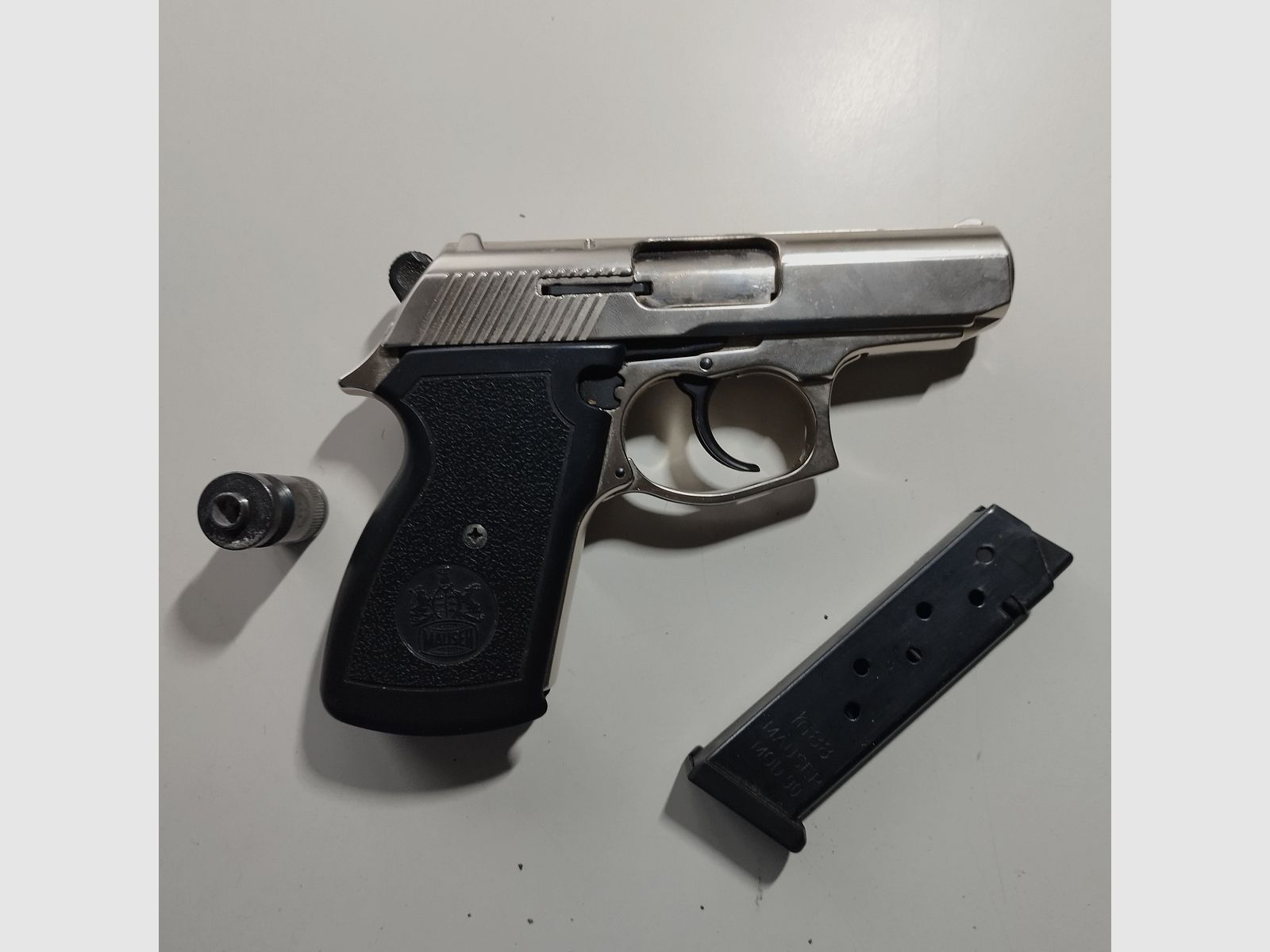 Mauser blank firing pistol HSc Mod. 90 nickel-plated caliber 9 mm P.A.K. Rare PTB