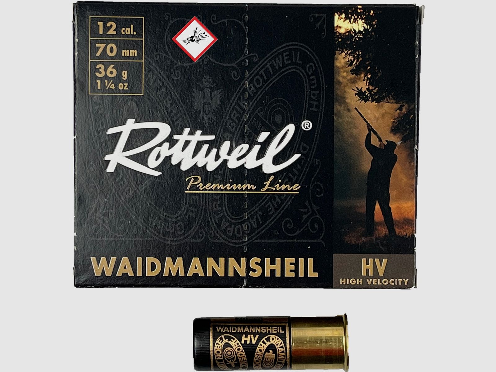 Rottweil shotgun cartridge Waidmannsheil HV cal. 12/70 36G 3.0mm