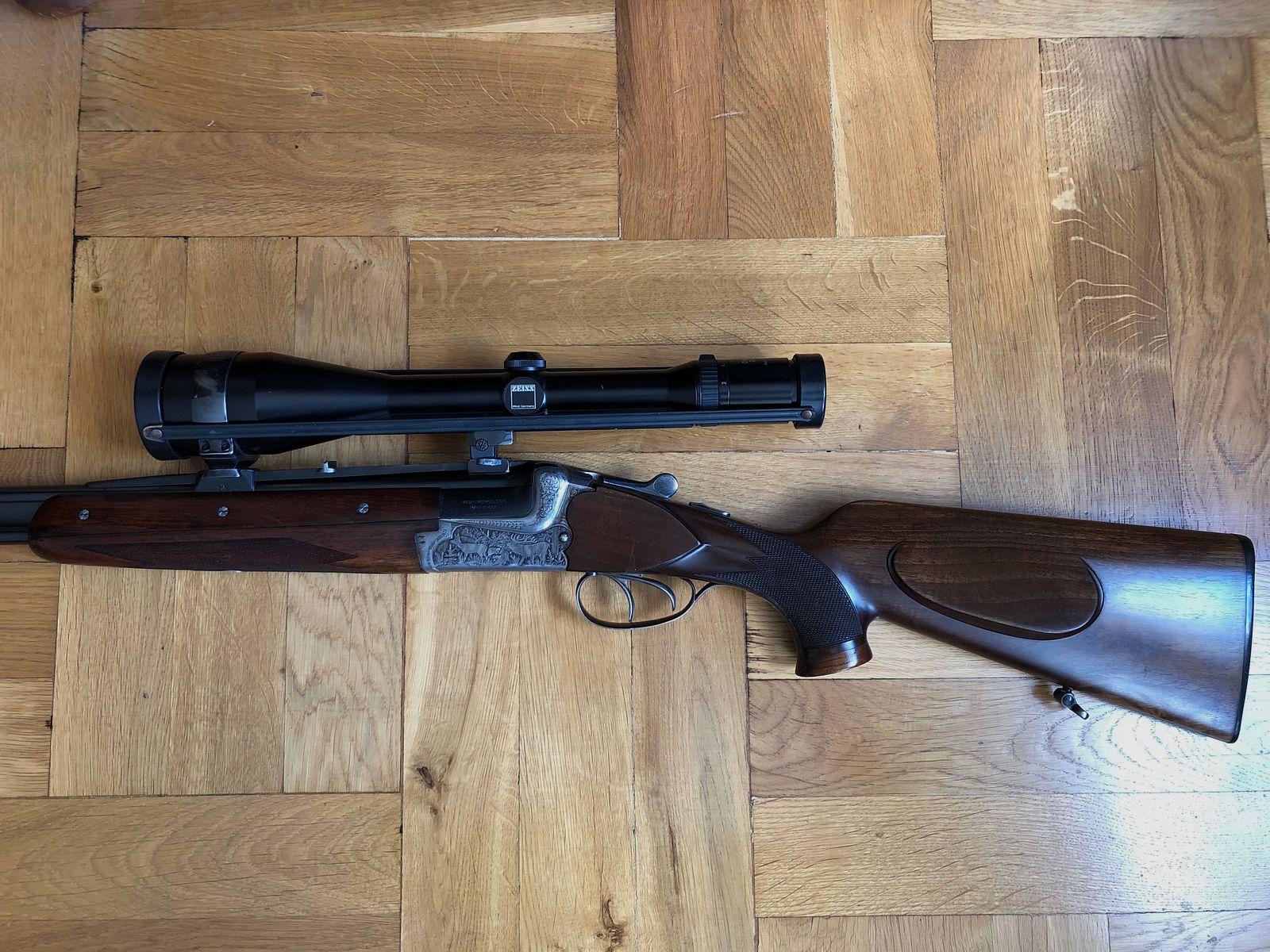 Bockdoppelbüchse Merkel BDB 221E 8x57JRS / Zeiss Diavari 3-12x56 (inkl. Wechselläufe: BBF 7x57 IRS & 12/70 und BF 12/70 ) Bj. 1988