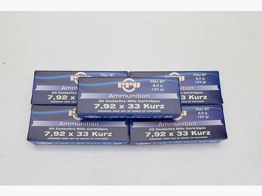 100 shots PPU 7.92x33 short with 8 grams 124 grs. FMJ BT 5x20 pack