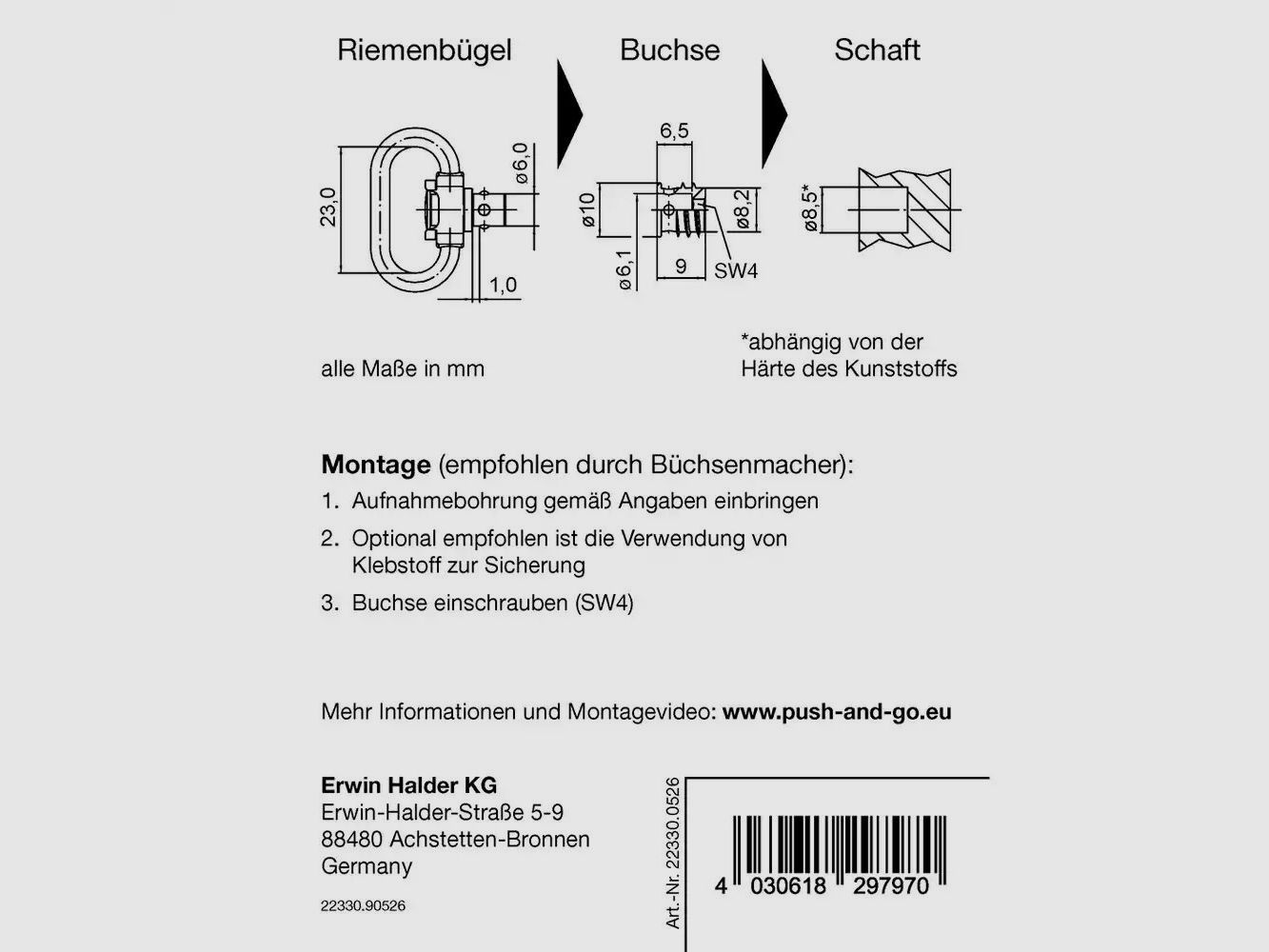 Halder Riemenbügel und Buchse Slim "Push & Go" für Kunststoffschäfte