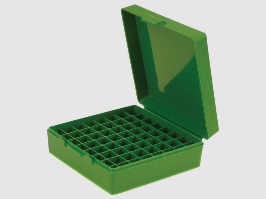 MTM scatola per cartucce P64-50-10 verde con coperchio a ribalta per 64 cartucce .50 AE e altre.