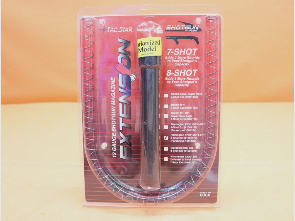 TacStar Remington 870: Magazine extension +3 rounds TacStar steel phosphated 12GA (1081186) BL=205mm Incl. magazine tube spring. Suitable for Remington 870/ 1100/ 11-87.