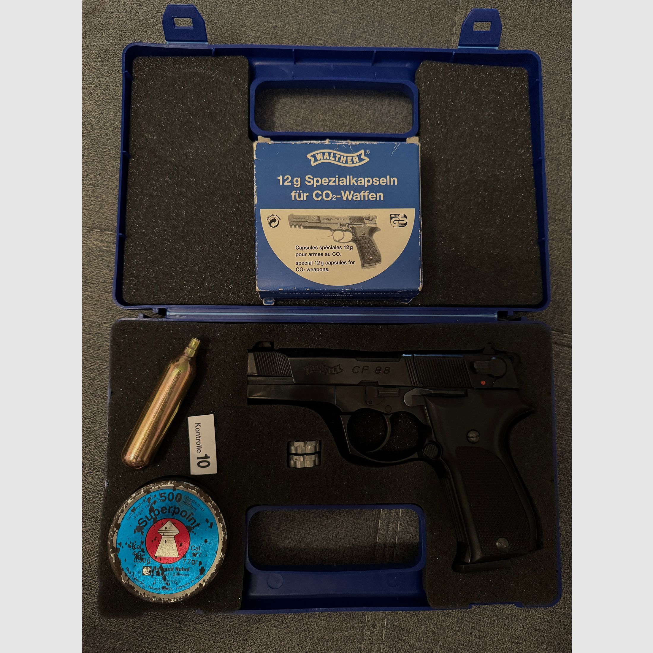 CO2 air pistol Walther CP 88 (4.5mm Diabolo) – complete set in case with accessories & receipt