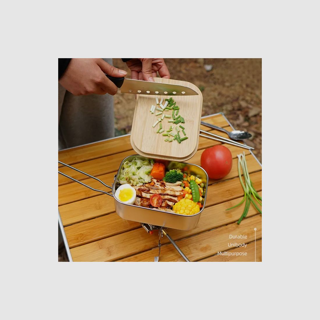 Stainless steel lunch box with bamboo cutting board