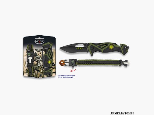 BARBARIC – FOLDING KNIFE + PARACORD, COMPASS, FIRE STARTER, WHISTLE GREEN