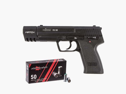 Röhm RG 96 MATCH blued blank-firing pistol + blank cartridges