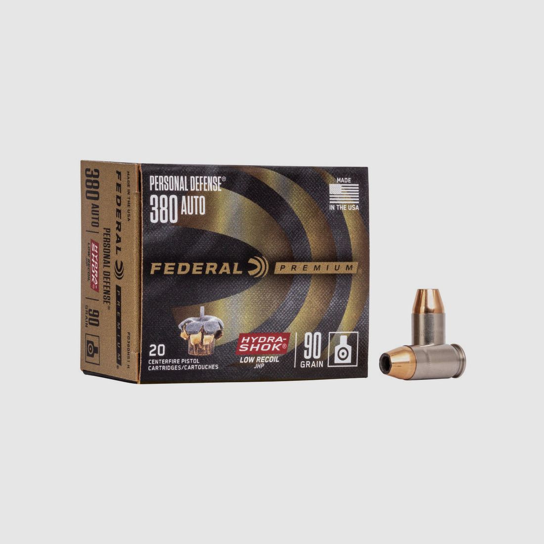 Federal Premium Personal Defense Hydra-Shok Low Recoil .380 ACP 90GR JHP 20 Patronen